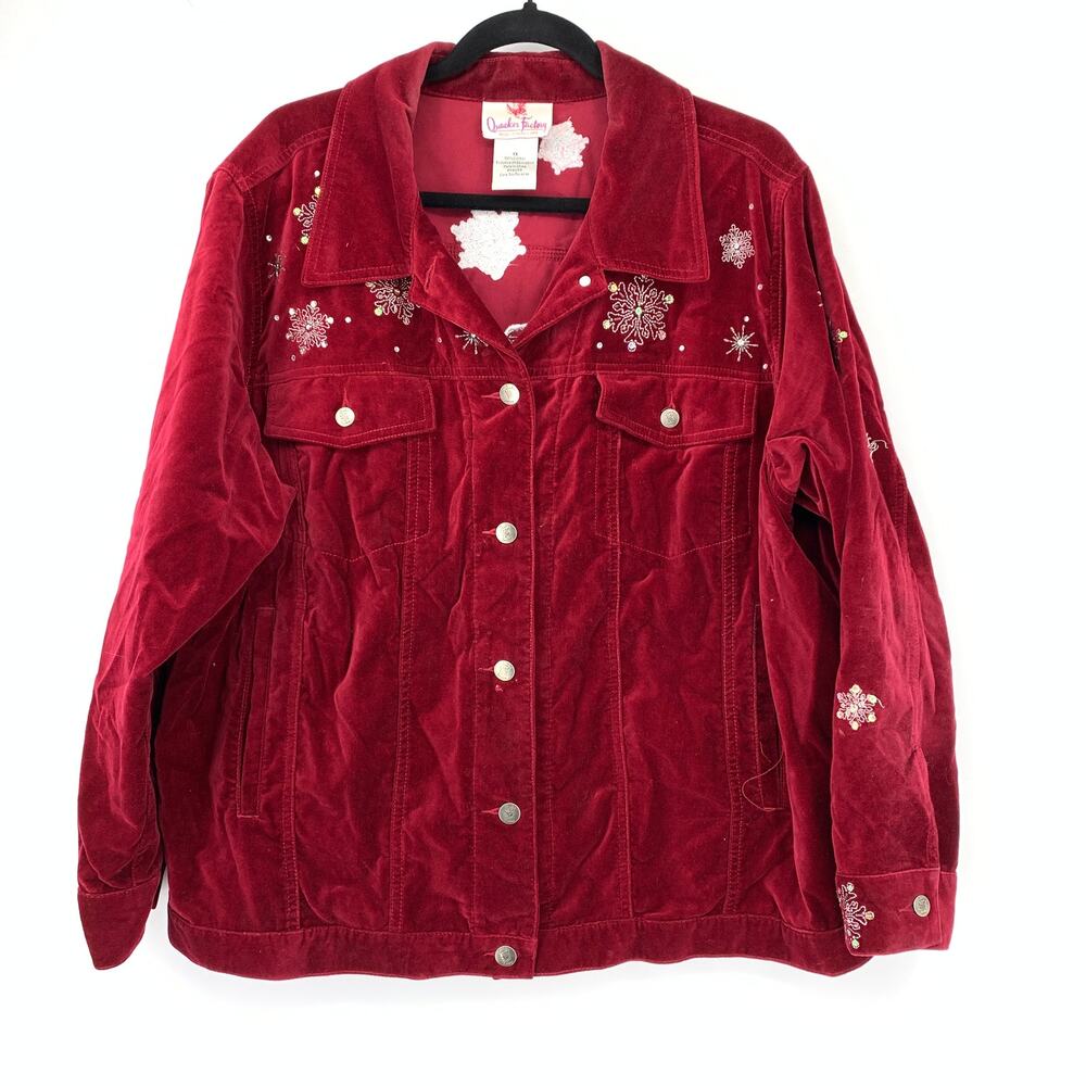 Quacker Factory Winter Themed Jacket Womens 1X Red Velour Button Front Holiday